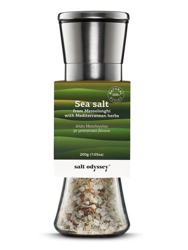 Gourmet Salz/Meersalz mit  mediterranen Kräuter, in Salzmühle aus Glas und INOX mit Keramikmahlwerk