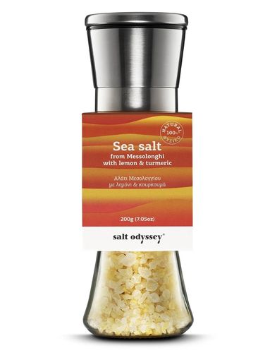 Gourmet Salz/Meersalz mit Zitrone & Kurkuma, in Salzmühle aus Glas und INOX mit Keramikmahlwerk