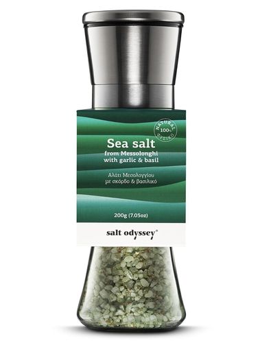 Gourmet Salz/Meersalz mit Knoblauch & Basilikum, in Salzmühle aus Glas und INOX mit Keramikmahlwerk